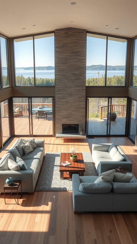 Open concept living room with large windows showcasing a lake view