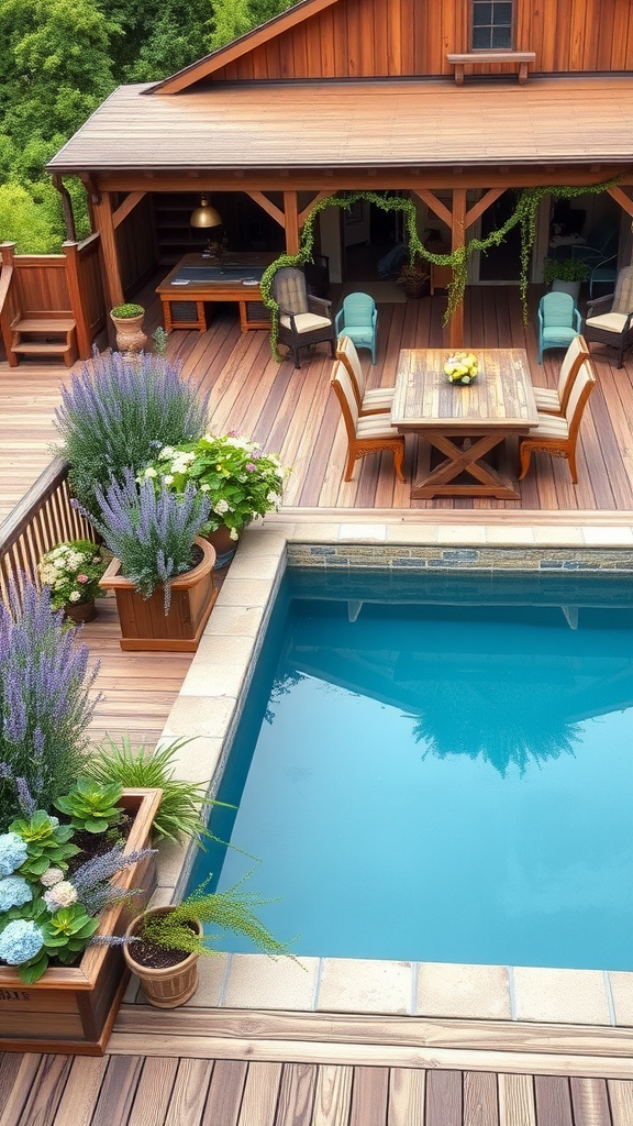 A rustic farmhouse pool with wooden deck, surrounded by colorful flowers and outdoor seating.