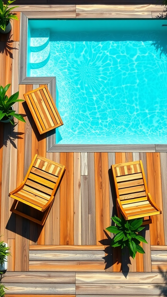 A small pool surrounded by a wooden deck and two lounge chairs with plants.