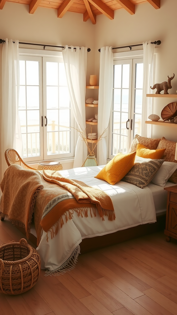 A bright boho coastal bedroom with large windows, warm colors, and natural textures.