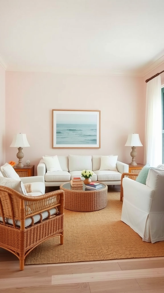 A cozy coastal living room with pink walls, white furniture, and a woven coffee table.