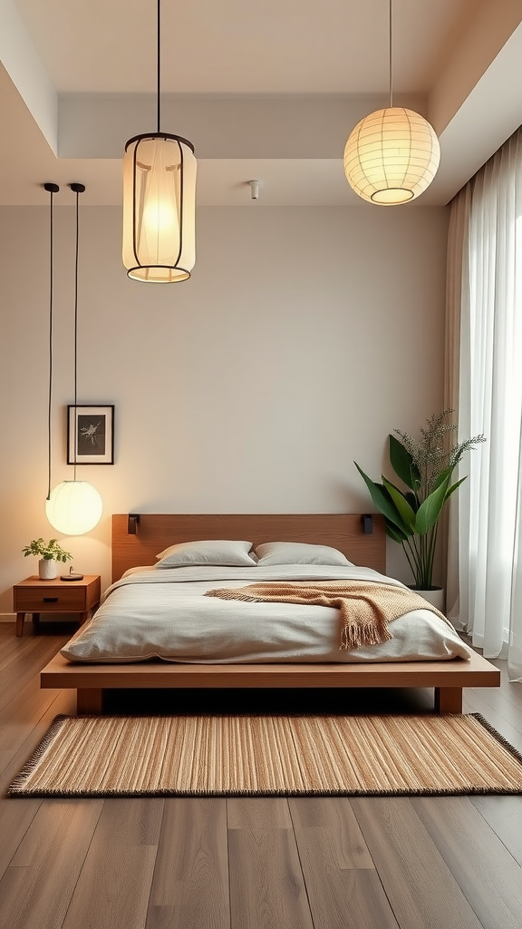 A serene Zen retreat bedroom featuring a low wooden bed, soft bedding, and warm ambient lighting.