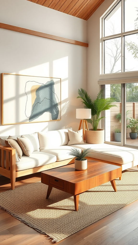 Mid Century Modern living room featuring abstract art and natural wood furniture