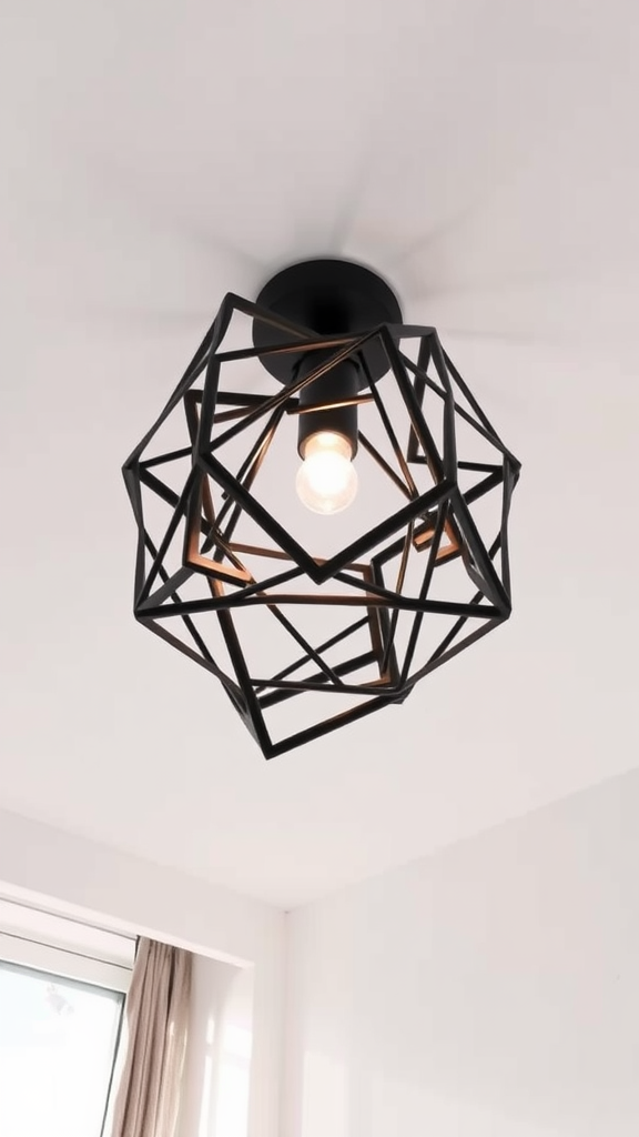 Abstract geometric ceiling light fixture in a modern bedroom setting