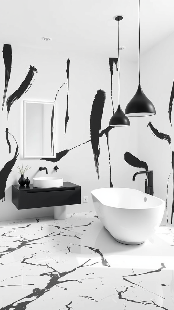 Modern bathroom with abstract black wall art, white bathtub, black vanity, and stylish lighting.