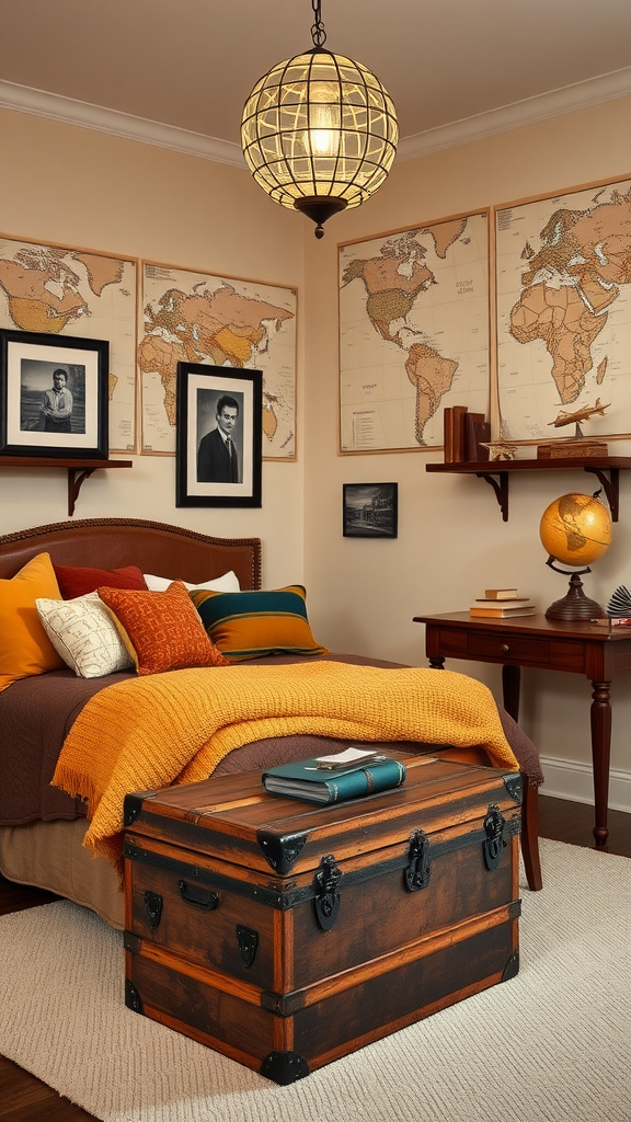 A cozy teen boy bedroom featuring a trunk, maps on the wall, and colorful pillows.