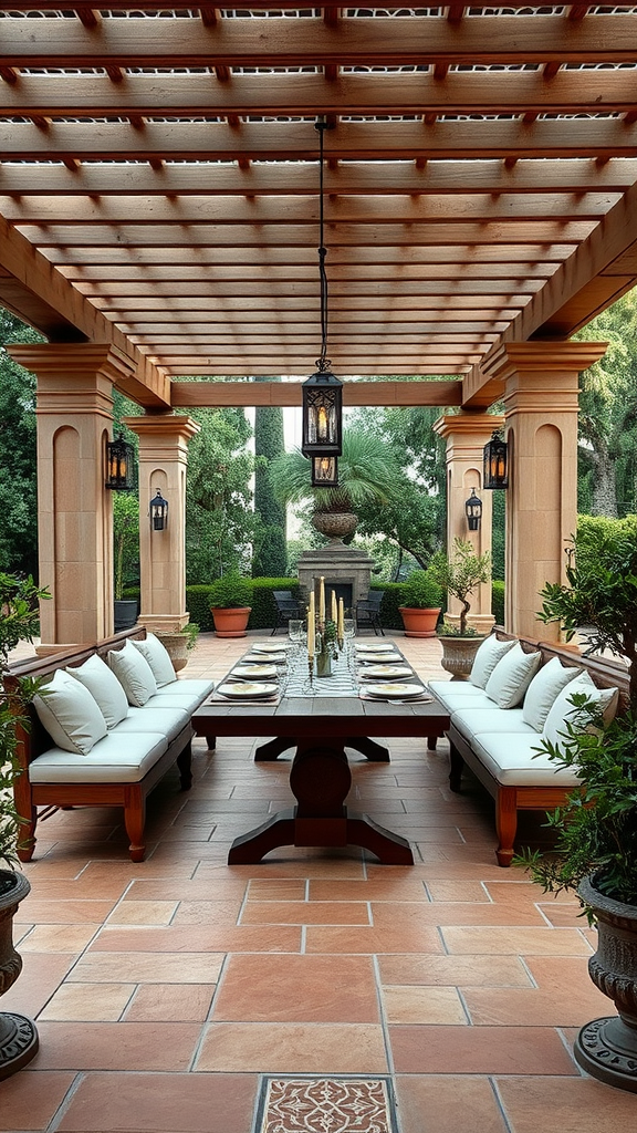 A spacious covered patio with a long dining table set for alfresco dining, surrounded by greenery and elegant lighting.