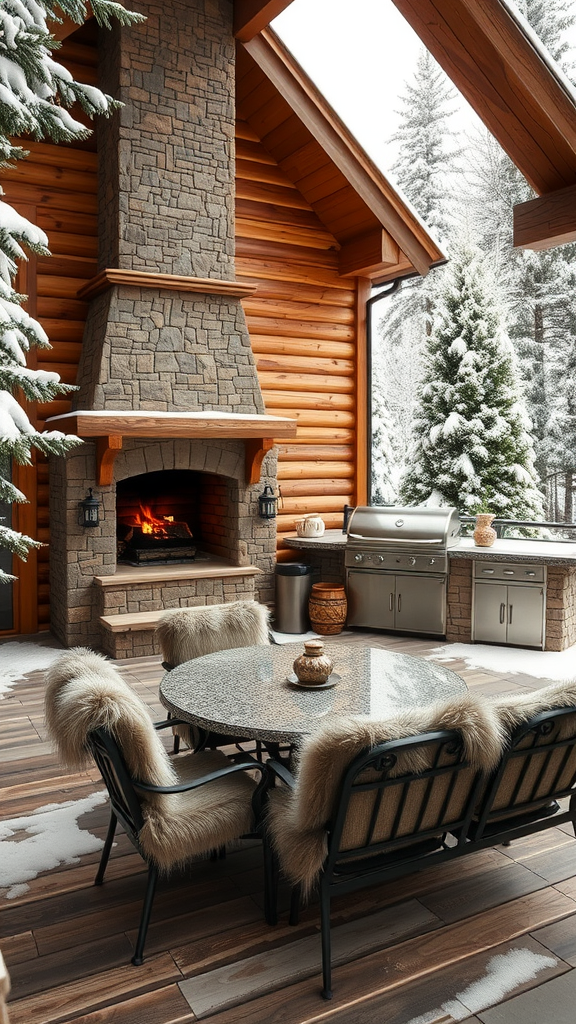 A cozy outdoor kitchen patio in an alpine chalet, featuring a stone fireplace, dining set with fur-trimmed chairs, and a stainless steel grill, all amidst a snowy landscape.