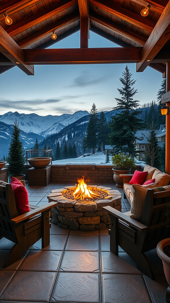 Cozy alpine chalet patio with a stone fire pit, wooden chairs, and mountain views.