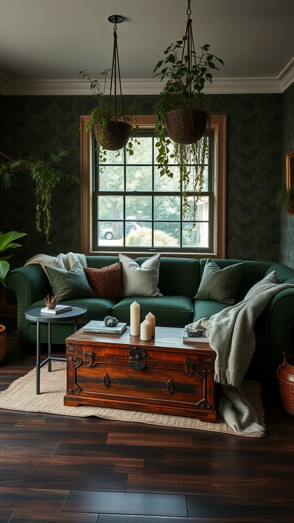 Cozy living room with a deep green sofa, wooden trunk, hanging plants, and candles.