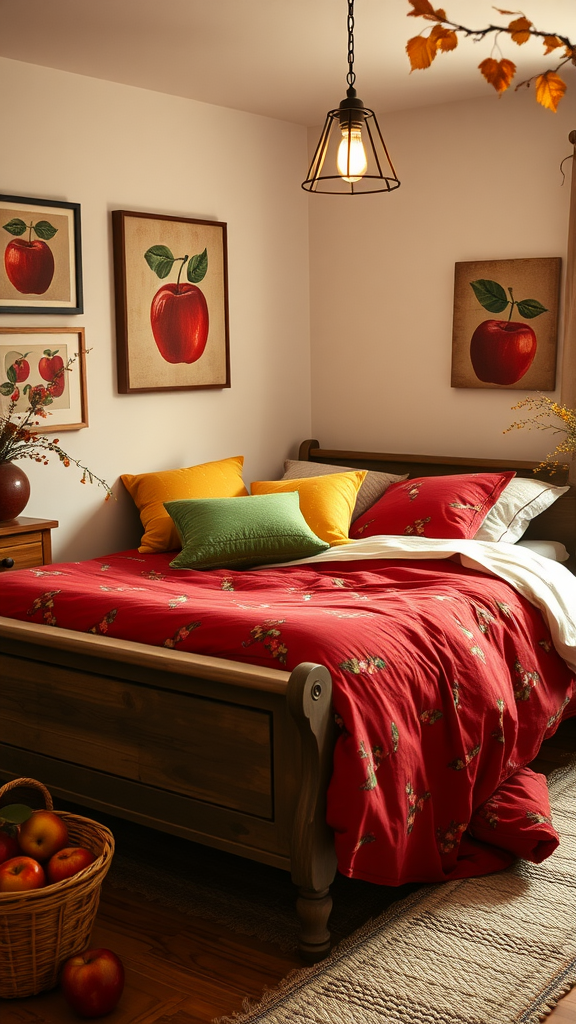 Cozy fall-themed bedroom with red bedding, apple prints on the wall, and a basket of apples.