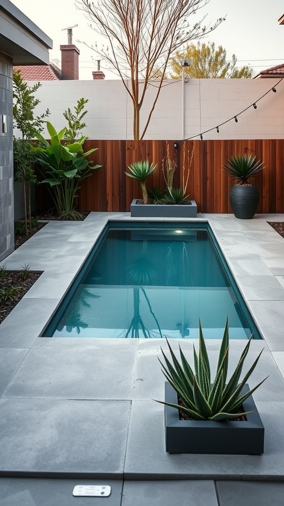 A modern architectural concrete plunge pool in a small yard, surrounded by plants and concrete paving.