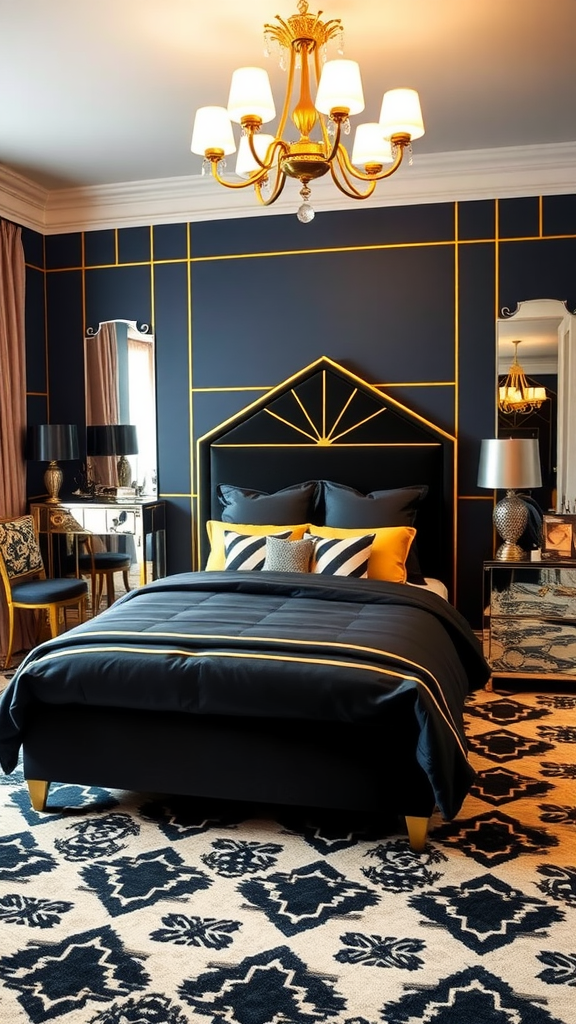 A stylish Art Deco bedroom featuring navy walls, gold accents, and a luxurious chandelier.