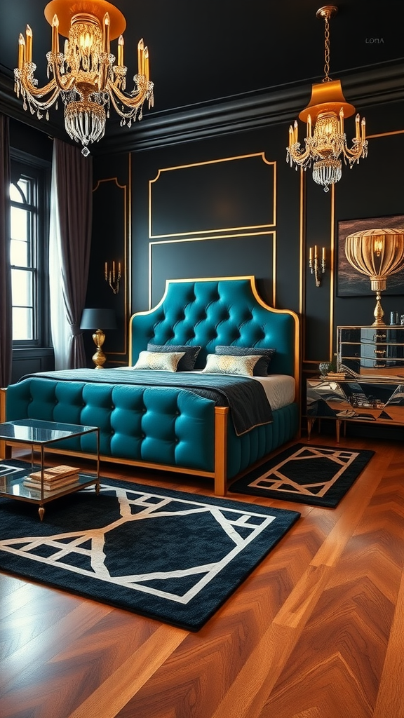 Art Deco bedroom featuring a teal tufted bed, chandeliers, and geometric rugs.