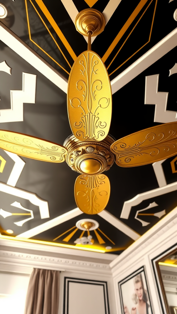 Art Deco ceiling design with a gold fan