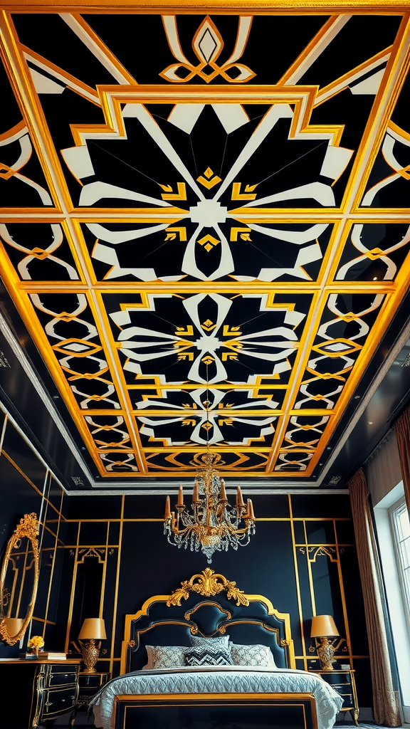 Art Deco ceiling design with black and white patterns and gold trim in a luxurious bedroom