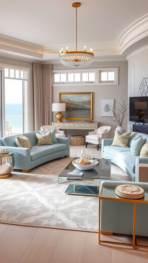 A beautifully designed coastal living room featuring Art Deco elements, with light blue chairs, gold accents, and a view of the ocean through large windows.