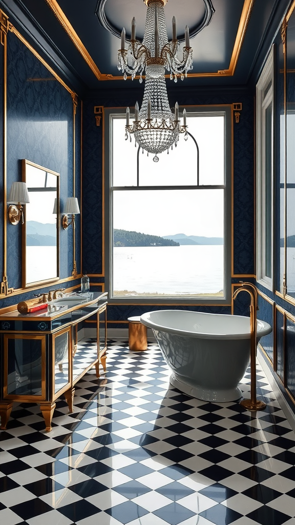 Luxurious Art Deco bathroom with blue walls, a chandelier, checkered floor, and a lake view