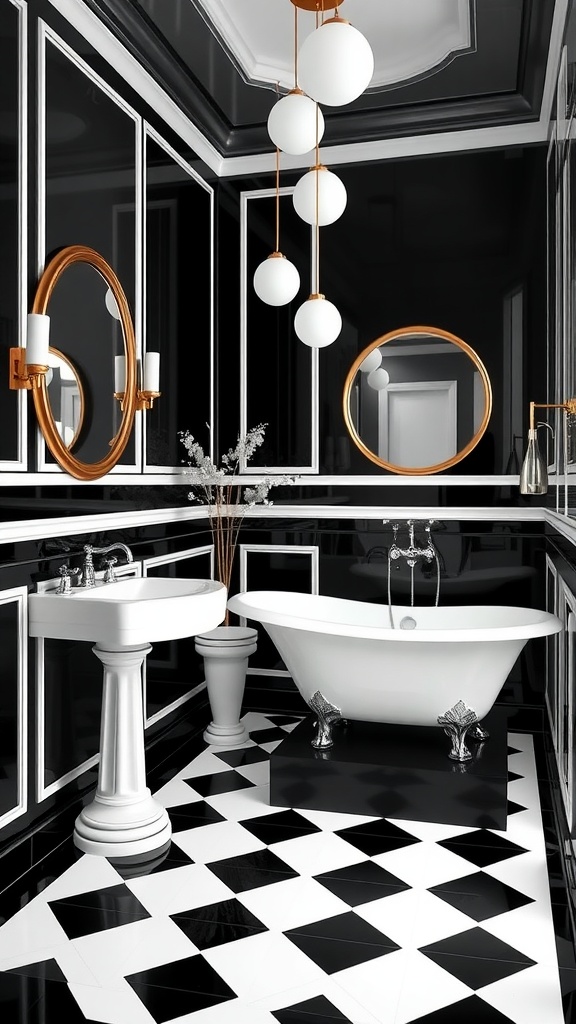 A luxurious black and white bathroom featuring Art Deco elements, including a white bathtub, stylish lighting, and geometric flooring.