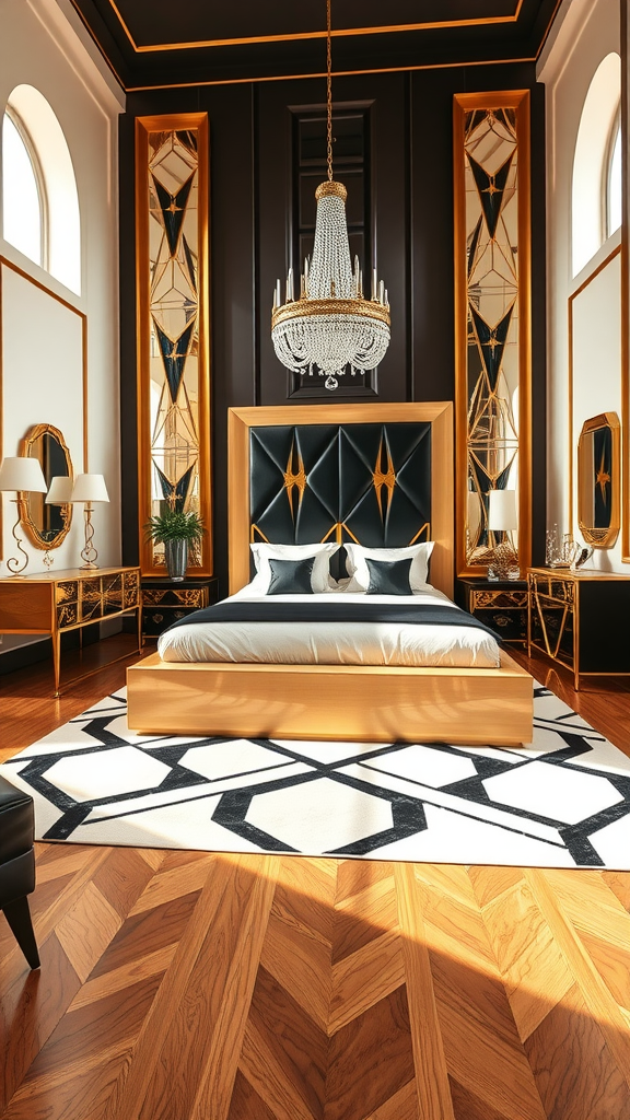 An elegant Art Deco master bedroom featuring a luxurious chandelier, a striking headboard, and a stylish rug.