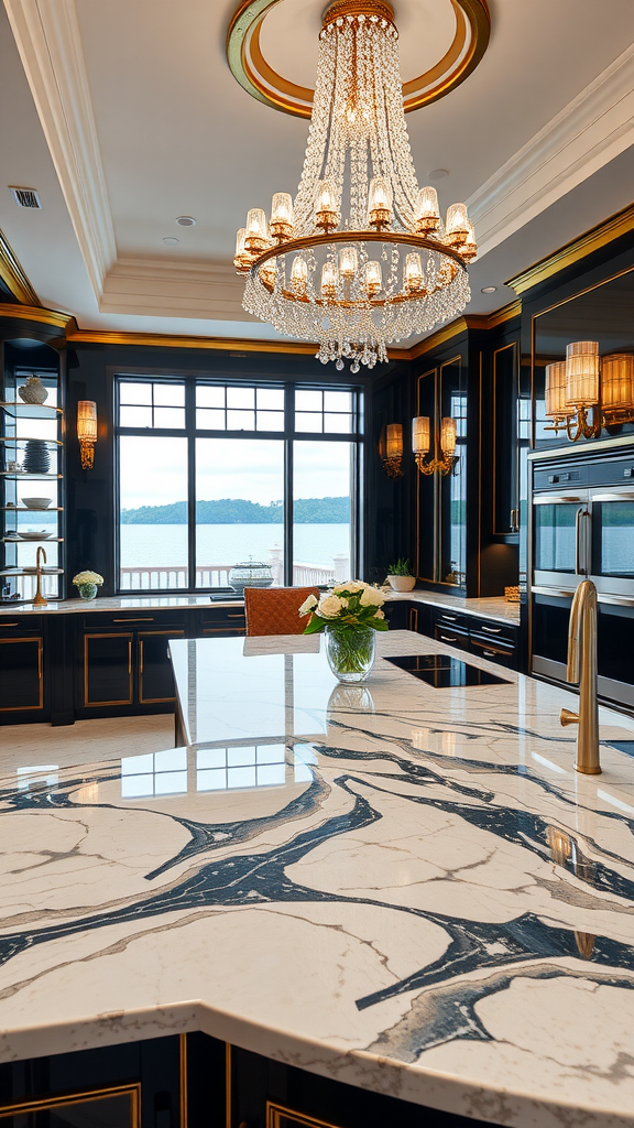 Art Deco kitchen with black cabinets, gold accents, marble countertops, and lake view