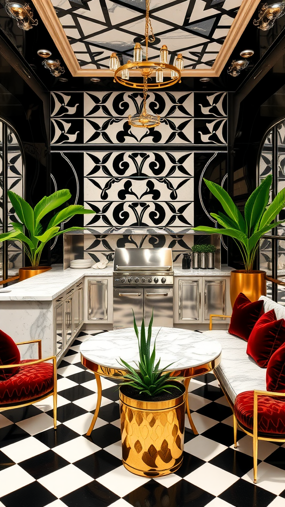 Art Deco outdoor kitchen patio with black and white design, stainless steel grill, and red cushions