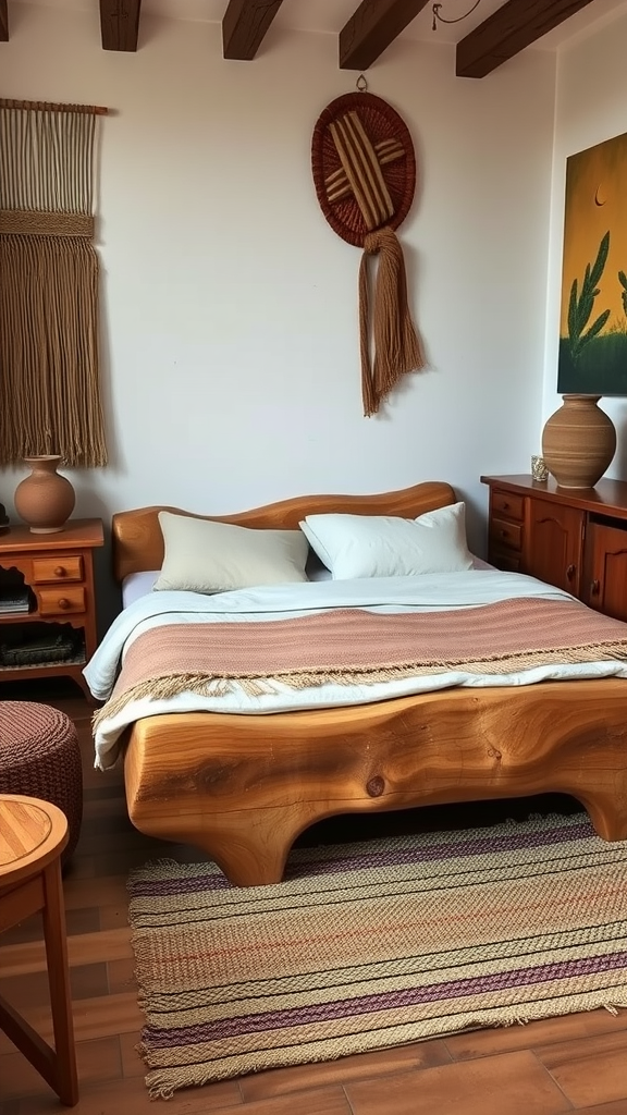 Cozy artisan bedroom featuring a handcrafted wooden bed, woven wall hanging, and rustic decor.