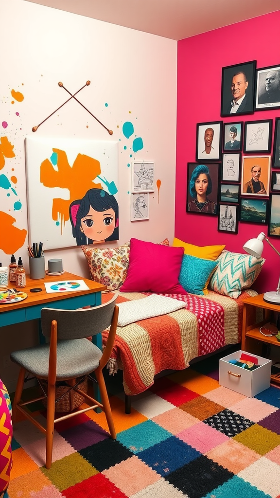 A colorful and artistic college dorm room with paintings, a desk, and a cozy bed.