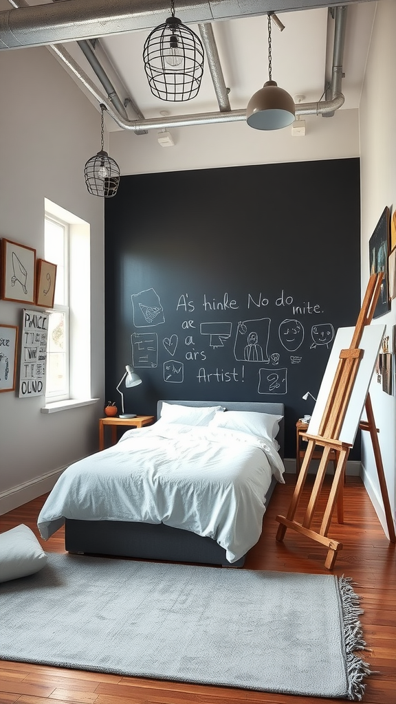 A modern bedroom with a chalkboard wall, cozy bed, and artistic decor.