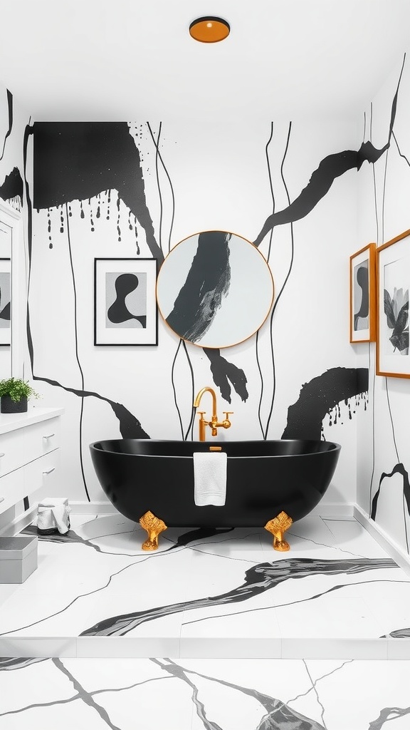 A modern black and white bathroom featuring artistic wall designs, a black bathtub, and stylish fixtures.