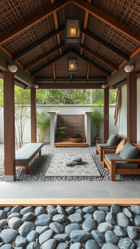 A zen-inspired covered patio featuring wooden beams, a thatched roof, and a minimalist design with stone and plants.