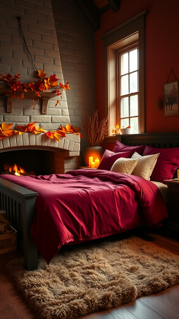 Cozy autumn-themed bedroom with a fireplace, rich red bedding, and autumn leaves decor.