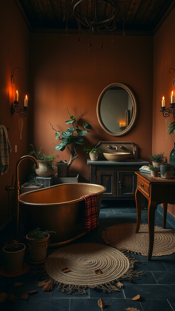 Cozy bathroom with copper bathtub, warm autumn colors, plants, and candlelight.