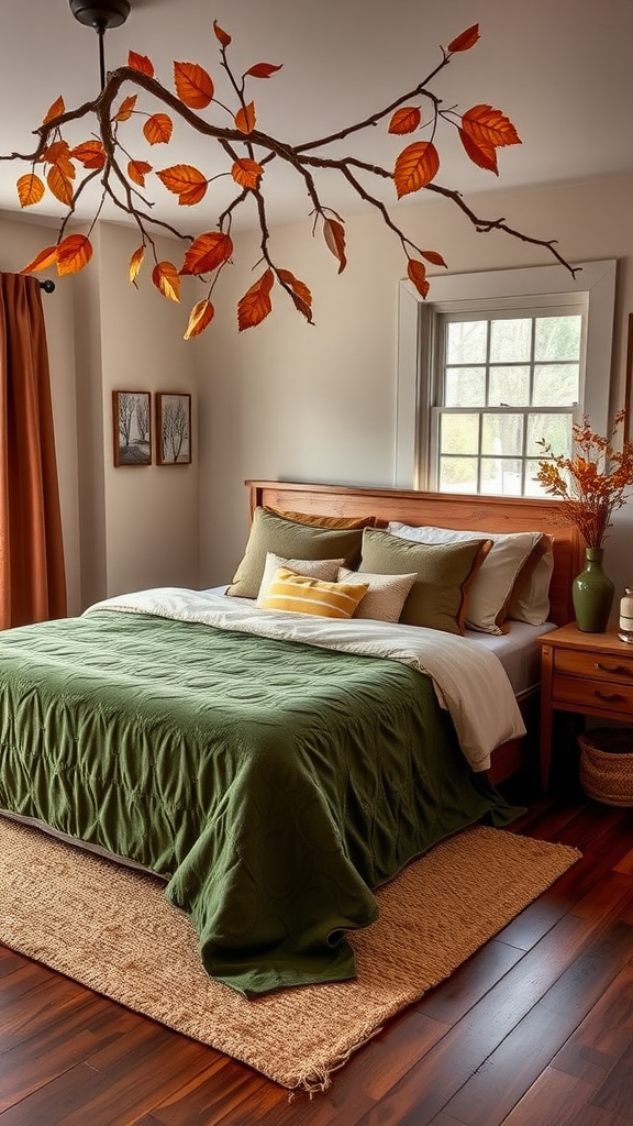 Cozy bedroom with autumn-themed decor, featuring a branch with orange leaves hanging from the ceiling, a green quilt on the bed, and warm wooden elements.