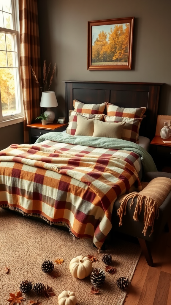 Cozy bedroom with plaid blanket and autumn decor, featuring pumpkins and pinecones