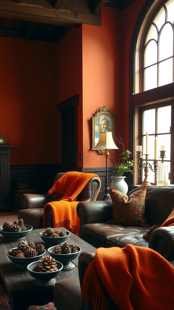 Cozy autumn-themed living room with orange walls, leather sofas, and pinecone decorations.