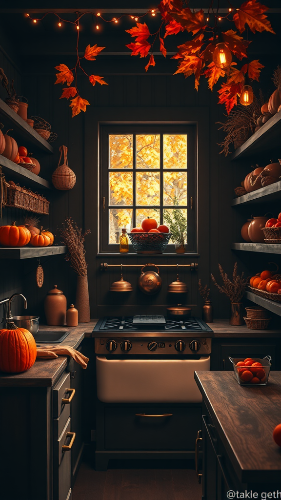 A cozy autumn harvest kitchen featuring dark wooden shelves filled with pumpkins and warm lighting, with a view of autumn leaves outside.