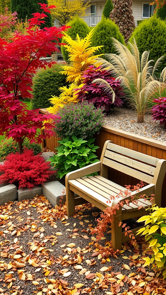 A small garden in autumn with colorful foliage, a wooden bench, and fallen leaves.