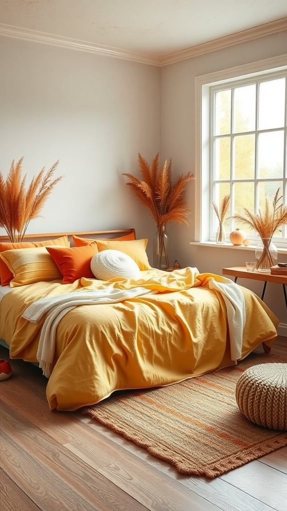 Cozy fall bedroom with yellow bedspread, orange pillows, and dried plants