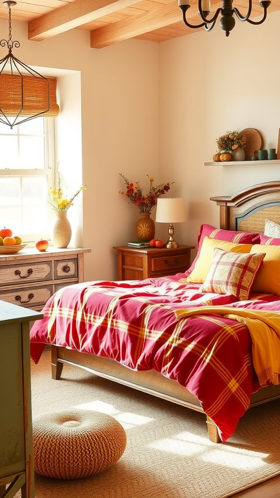 Cozy fall bedroom with red and yellow bedding, wooden beams, and autumn decorations.