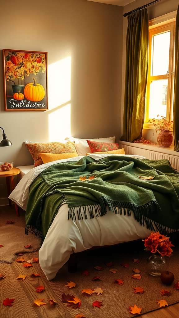 Cozy autumn-themed bedroom with a green blanket, scattered leaves, and warm lighting.