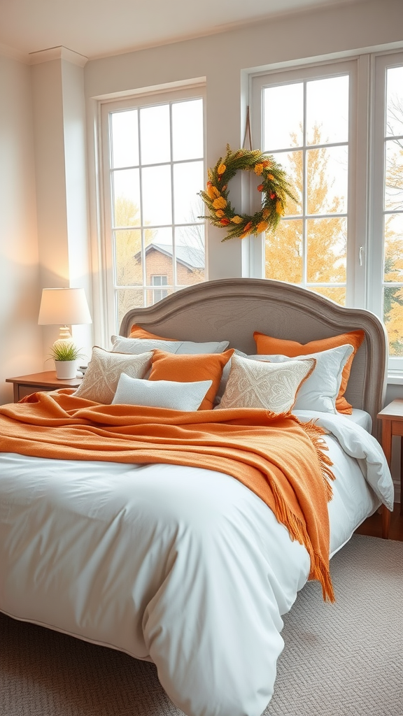 Cozy fall bedroom with white bedding, orange throw, and autumn wreath on window