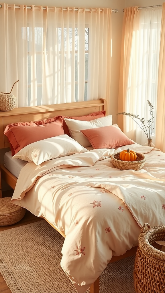 A cozy bedroom with soft lighting, peach bedding, and a small pumpkin on the bed.