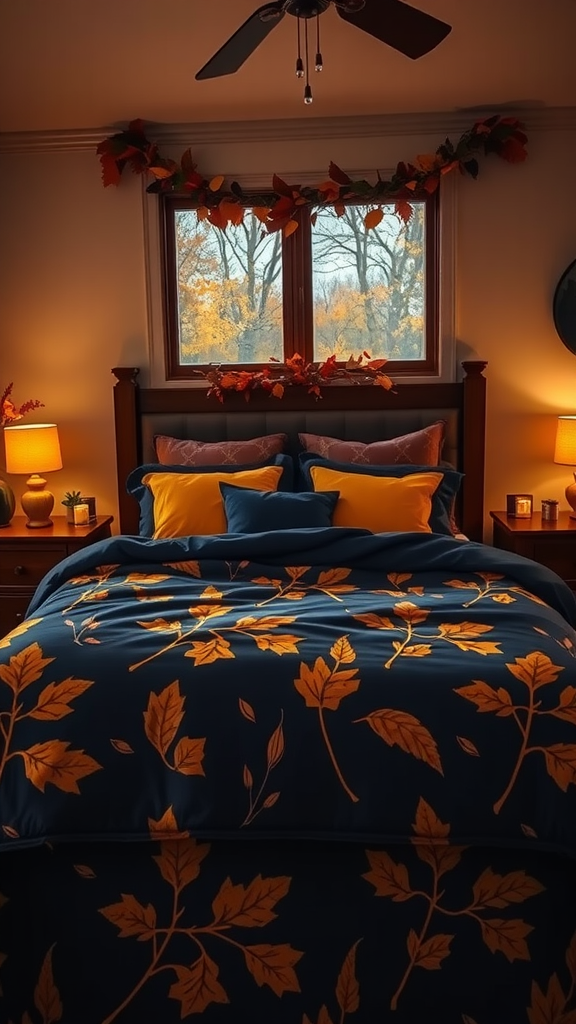 Cozy bedroom decorated for autumn with navy bedding, golden leaf patterns, and warm lighting.