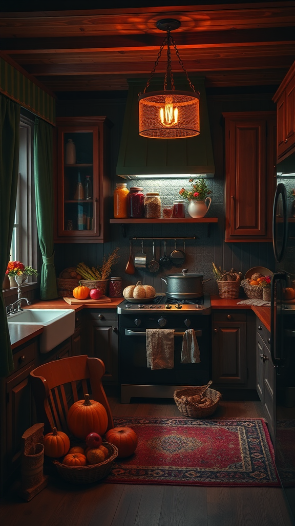 Cozy autumn kitchen with warm lighting, pumpkins, and rustic decor