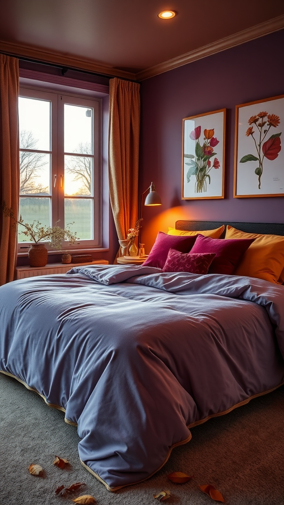 A cozy bedroom with purple walls, a neatly made bed with colorful cushions, and a warm sunset visible through the window.