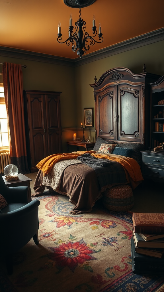 A dark cottagecore bedroom featuring rich colors, layered blankets, elegant furniture, and a cozy atmosphere.