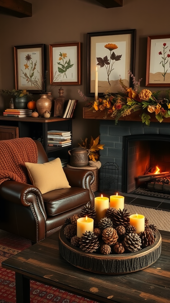 Cozy autumn living room with leather couch, knitted blanket, and natural decor