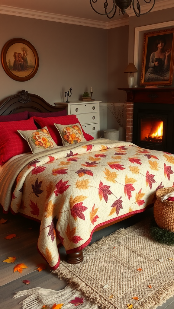 Cozy fall bedroom with autumn leaf quilt, plush pillows, and a fireplace