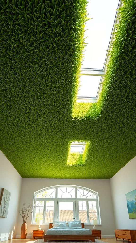 A bright bedroom with a grass ceiling and skylights.